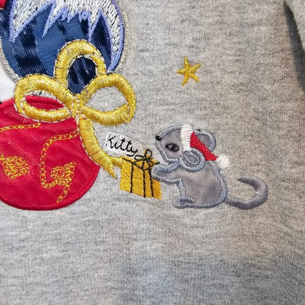 Vintage Cat Sweatshirt Women XL Gray 90s Christmas Kitten Embroidered Granny - Picture 3 of 10